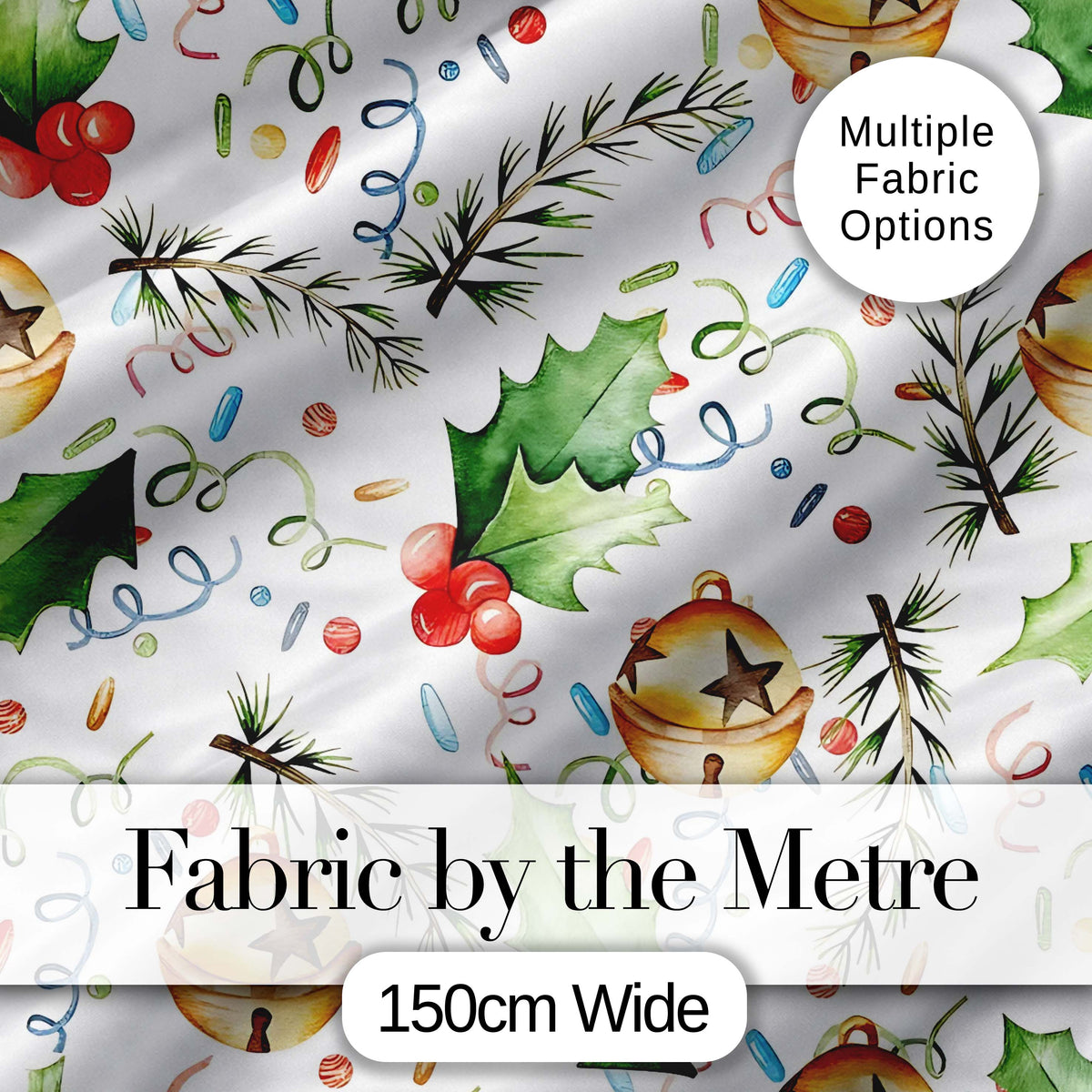 Festive Holly Leaves Bells Pine Branch Confetti Seamless Pattern Digital Print Fabric by the Metre UK Sewing Quilting Textile
