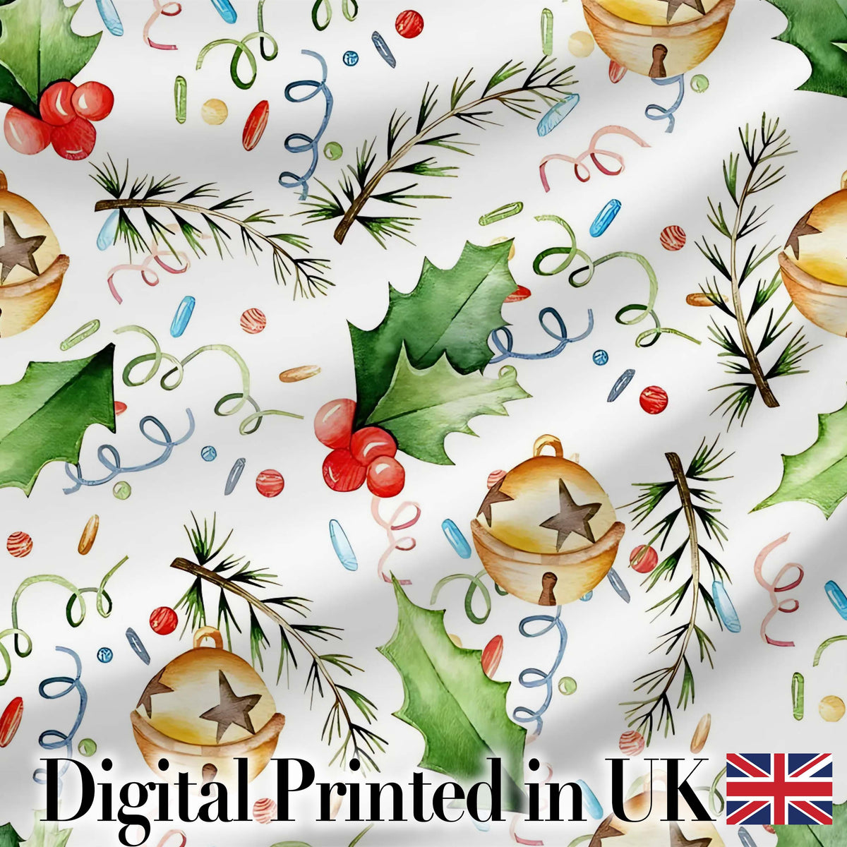 Festive Holly Leaves Bells Pine Branch Confetti Seamless Pattern Digital Print Fabric by the Metre UK Sewing Quilting Textile