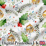 Festive Holly Leaves Bells Pine Branch Confetti Seamless Pattern Digital Print Fabric by the Metre UK Sewing Quilting Textile