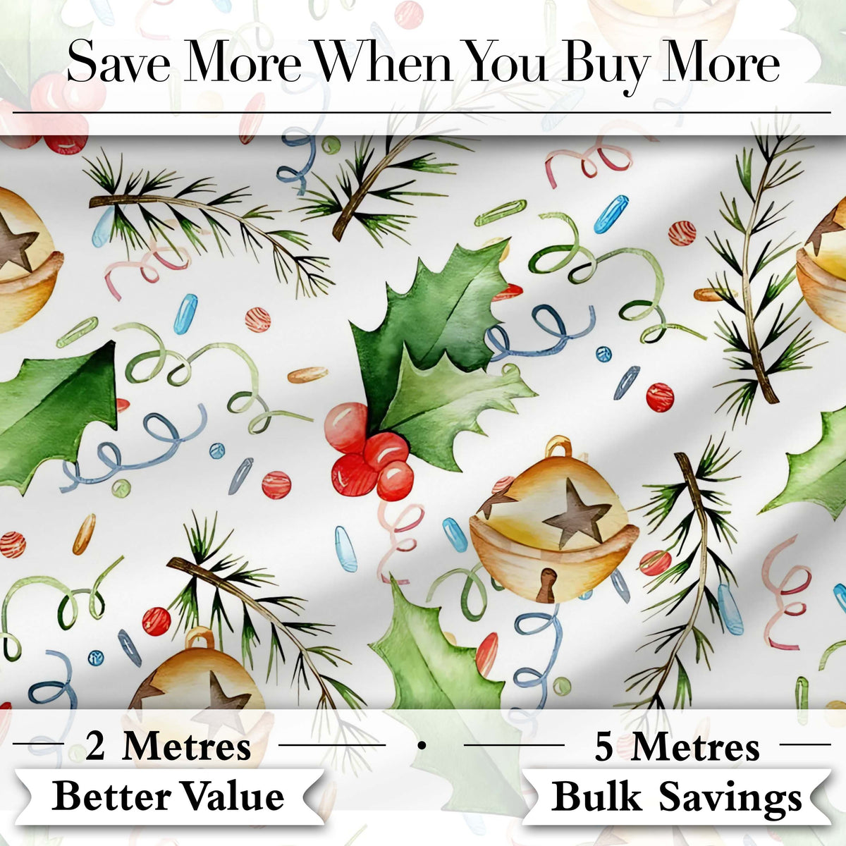 Festive Holly Leaves Bells Pine Branch Confetti Seamless Pattern Digital Print Fabric by the Metre UK Sewing Quilting Textile