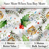 Festive Holly Leaves Bells Pine Branch Confetti Seamless Pattern Digital Print Fabric by the Metre UK Sewing Quilting Textile