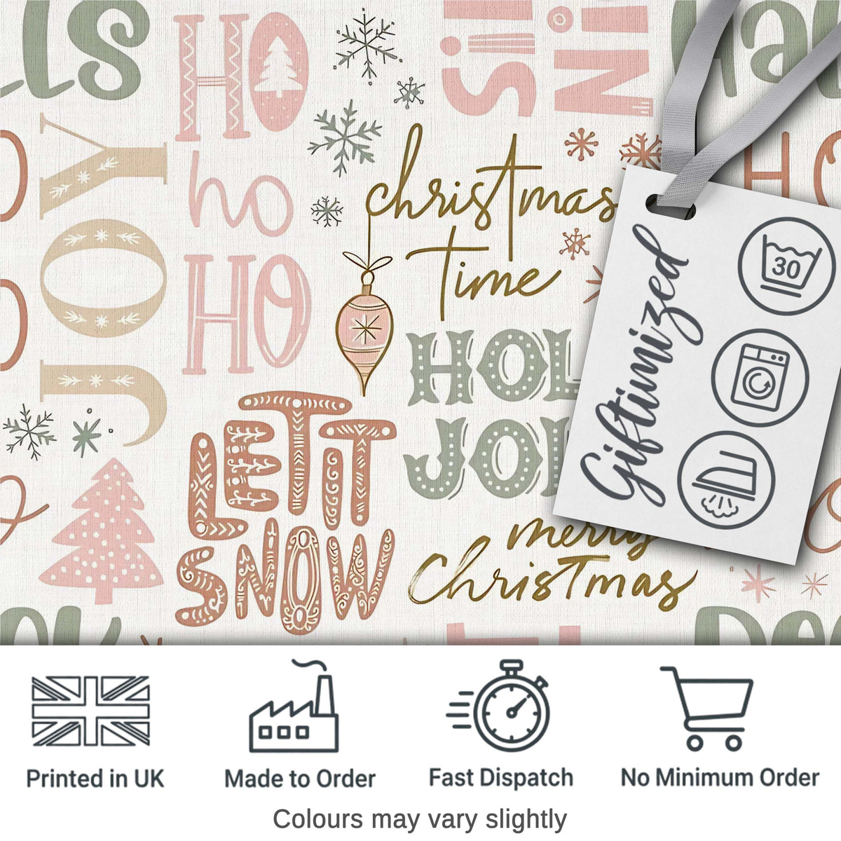 Christmas Typography Holiday Words Pastel Seamless Pattern Digital Print Fabric by the Metre UK Sewing Quilting Textile
