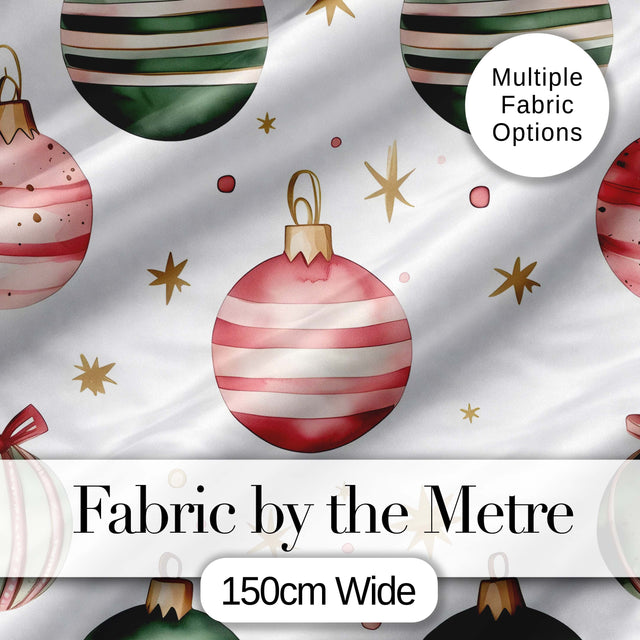 Minimal Red Green Baubles Stars Elegant Seamless Pattern Digital Print Fabric by the Metre UK Sewing Quilting Textile