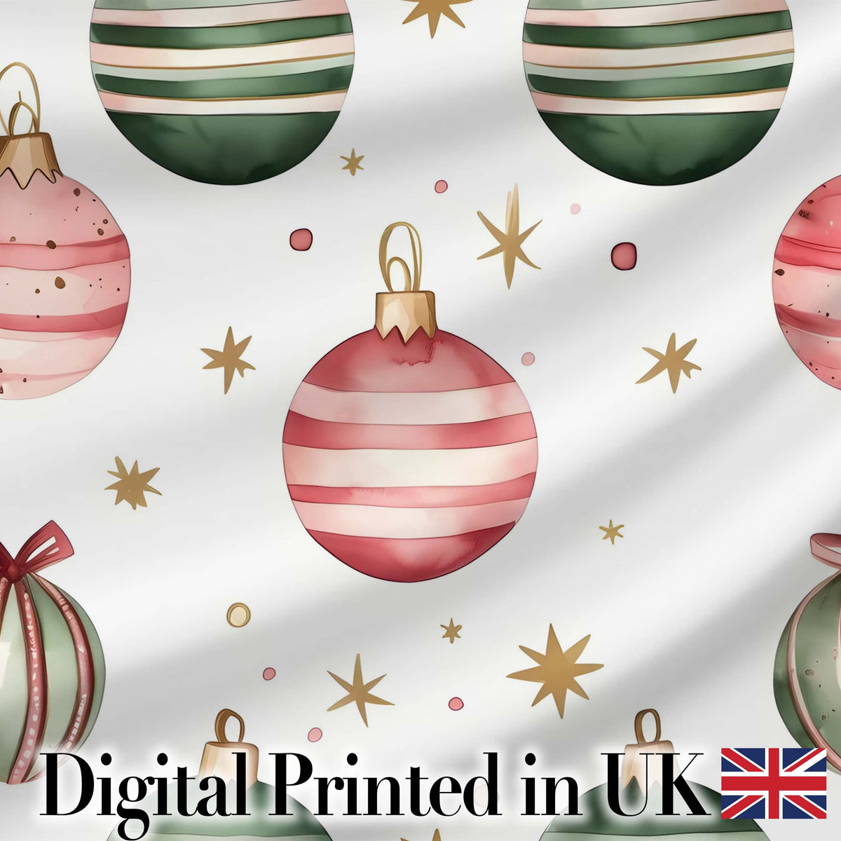 Minimal Red Green Baubles Stars Elegant Seamless Pattern Digital Print Fabric by the Metre UK Sewing Quilting Textile