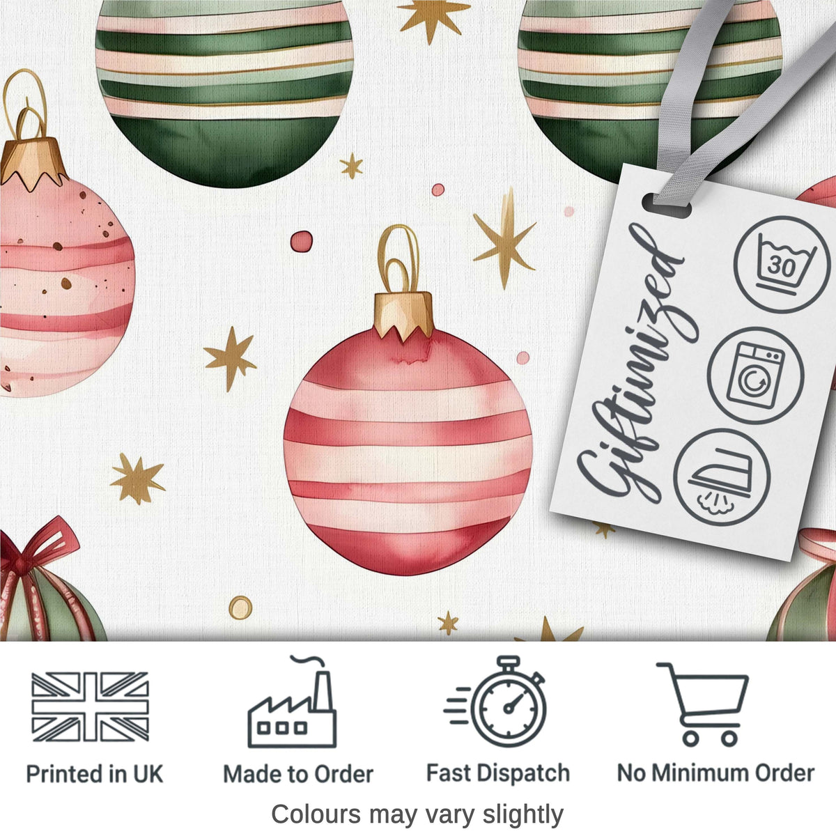 Minimal Red Green Baubles Stars Elegant Seamless Pattern Digital Print Fabric by the Metre UK Sewing Quilting Textile