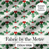 Classic Holly Leaves Red Berries Festive Seamless Pattern Digital Print Fabric by the Metre UK Sewing Quilting Textile