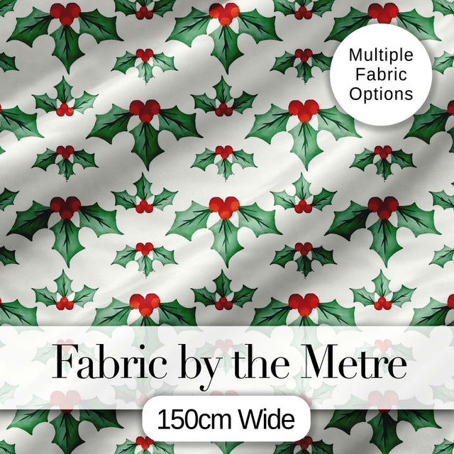 Classic Holly Leaves Red Berries Festive Seamless Pattern Digital Print Fabric by the Metre UK Sewing Quilting Textile