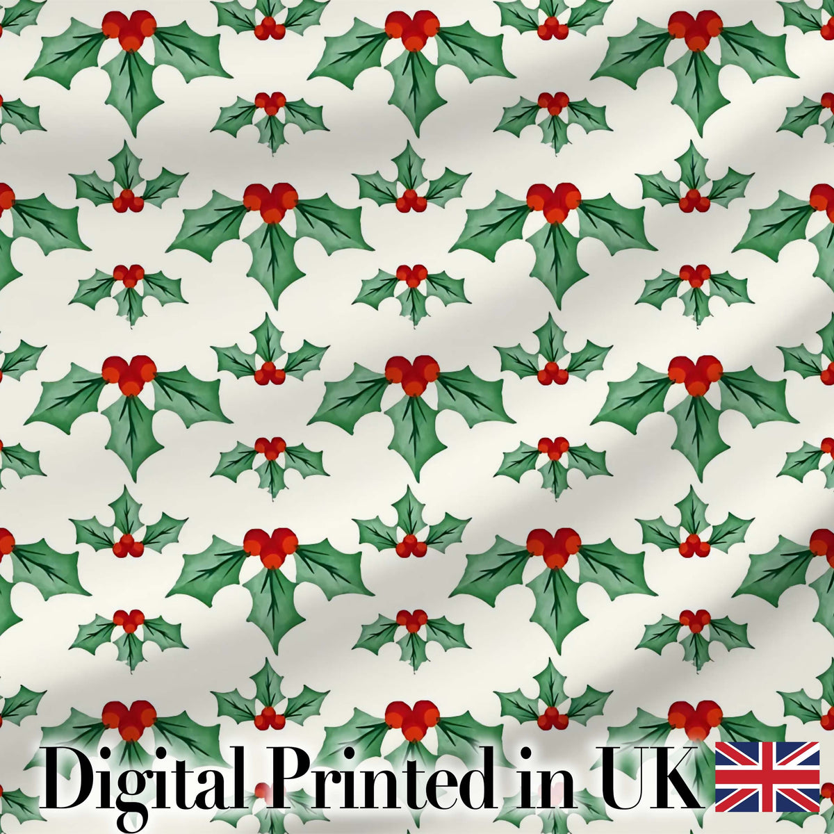Classic Holly Leaves Red Berries Festive Seamless Pattern Digital Print Fabric by the Metre UK Sewing Quilting Textile
