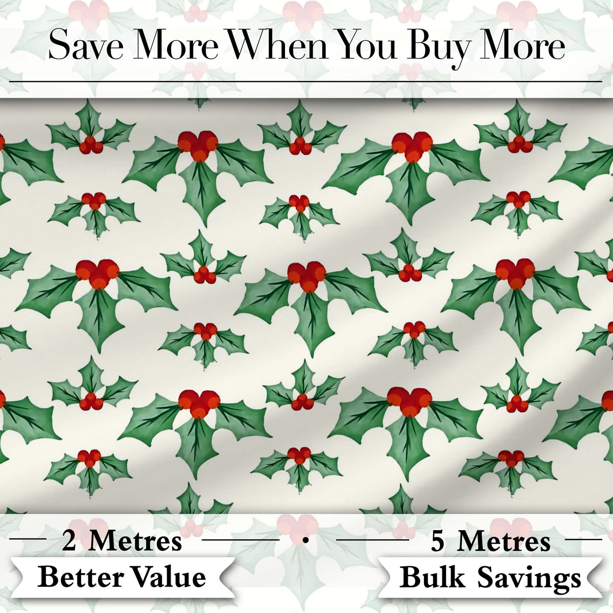 Classic Holly Leaves Red Berries Festive Seamless Pattern Digital Print Fabric by the Metre UK Sewing Quilting Textile
