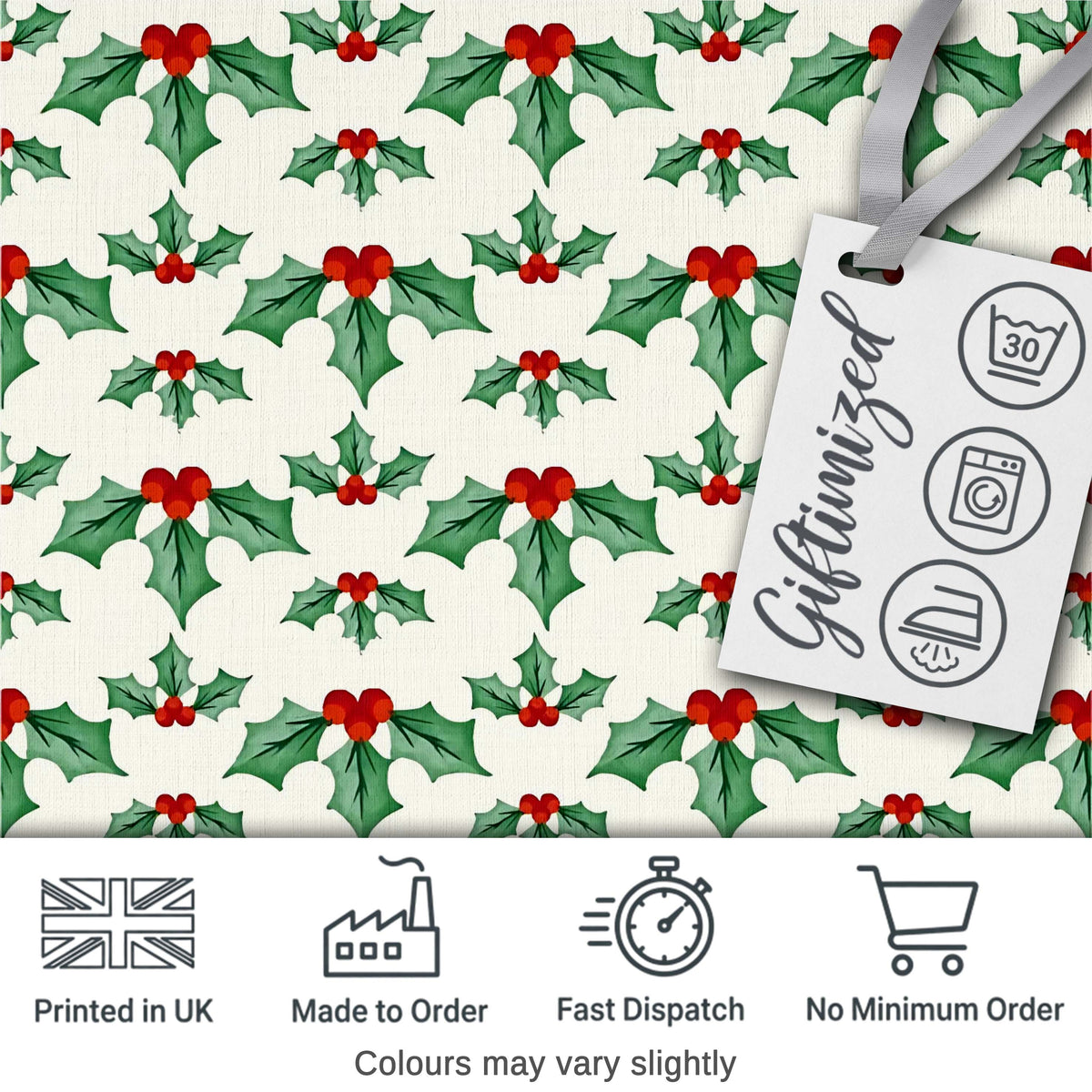 Classic Holly Leaves Red Berries Festive Seamless Pattern Digital Print Fabric by the Metre UK Sewing Quilting Textile