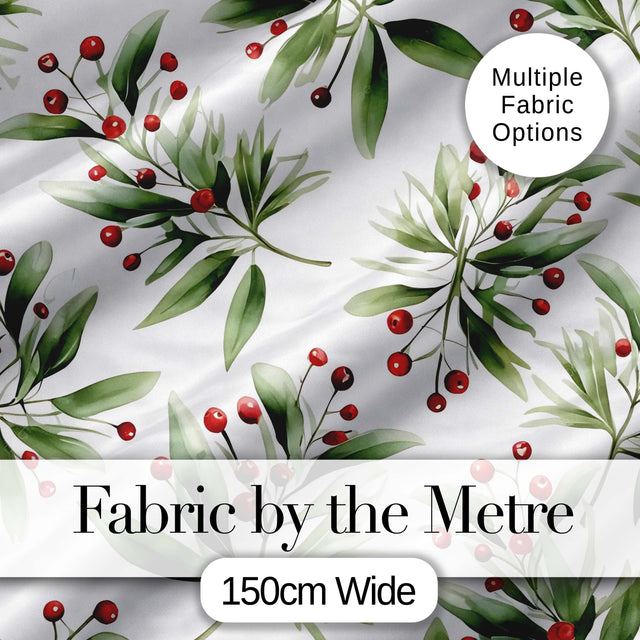 Green Leaves Red Berry Botanical Elegant Seamless Pattern Digital Print Fabric by the Metre UK Sewing Quilting Textile
