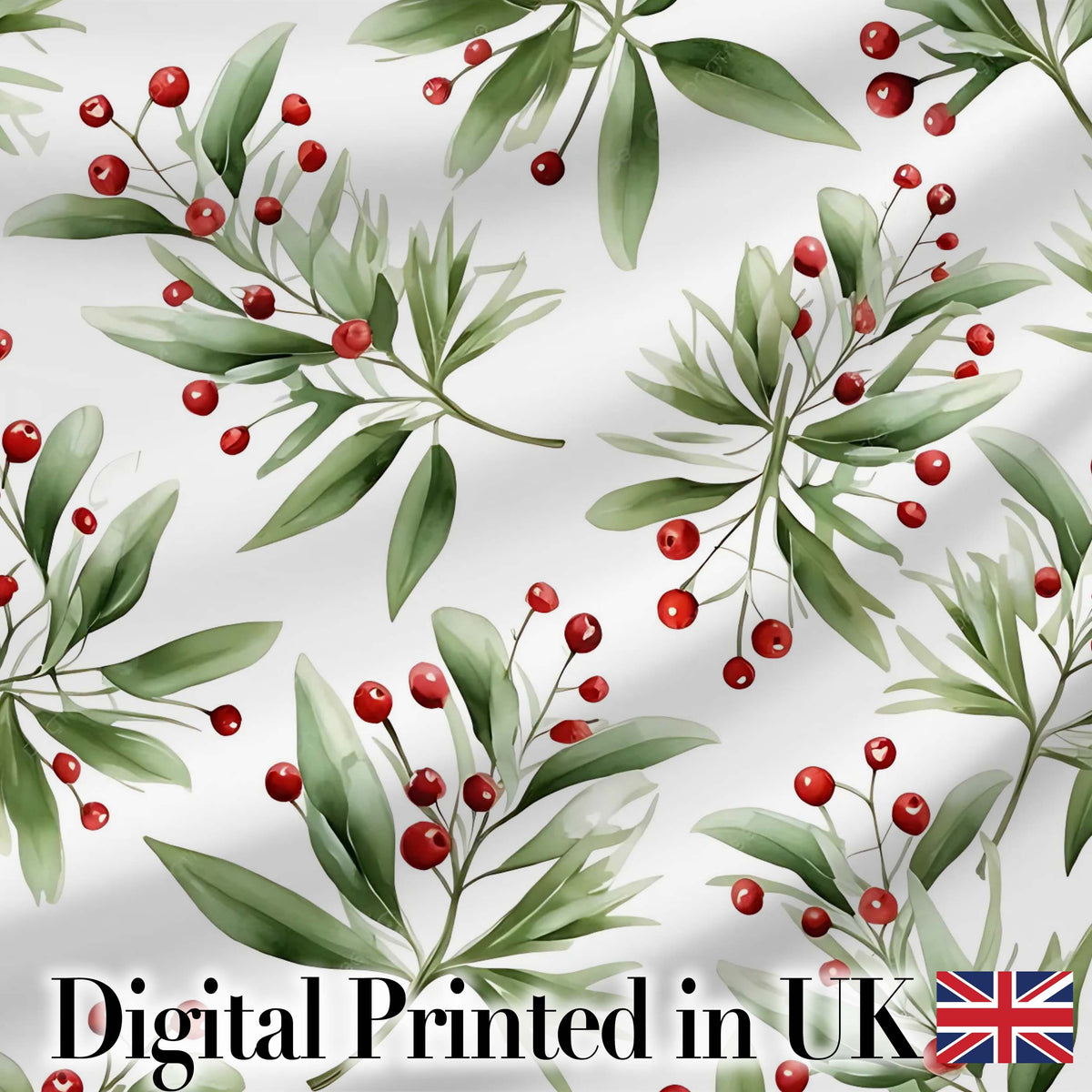 Green Leaves Red Berry Botanical Elegant Seamless Pattern Digital Print Fabric by the Metre UK Sewing Quilting Textile