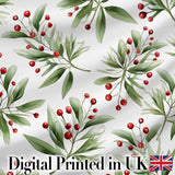 Green Leaves Red Berry Botanical Elegant Seamless Pattern Digital Print Fabric by the Metre UK Sewing Quilting Textile