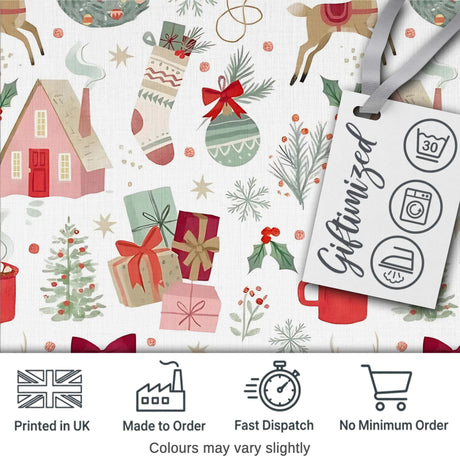 Cozy Christmas Gifts Mug Stocking Holiday Seamless Pattern Digital Print Fabric by the Metre UK Sewing Quilting Textile