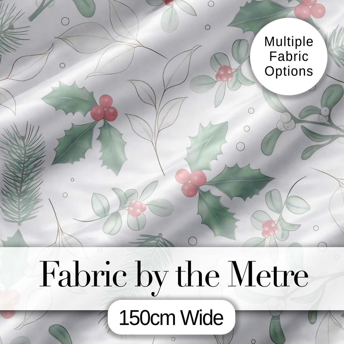 Soft Winter Holly Leaves Berry Minimal Seamless Pattern Digital Print Fabric by the Metre UK Sewing Quilting Textile