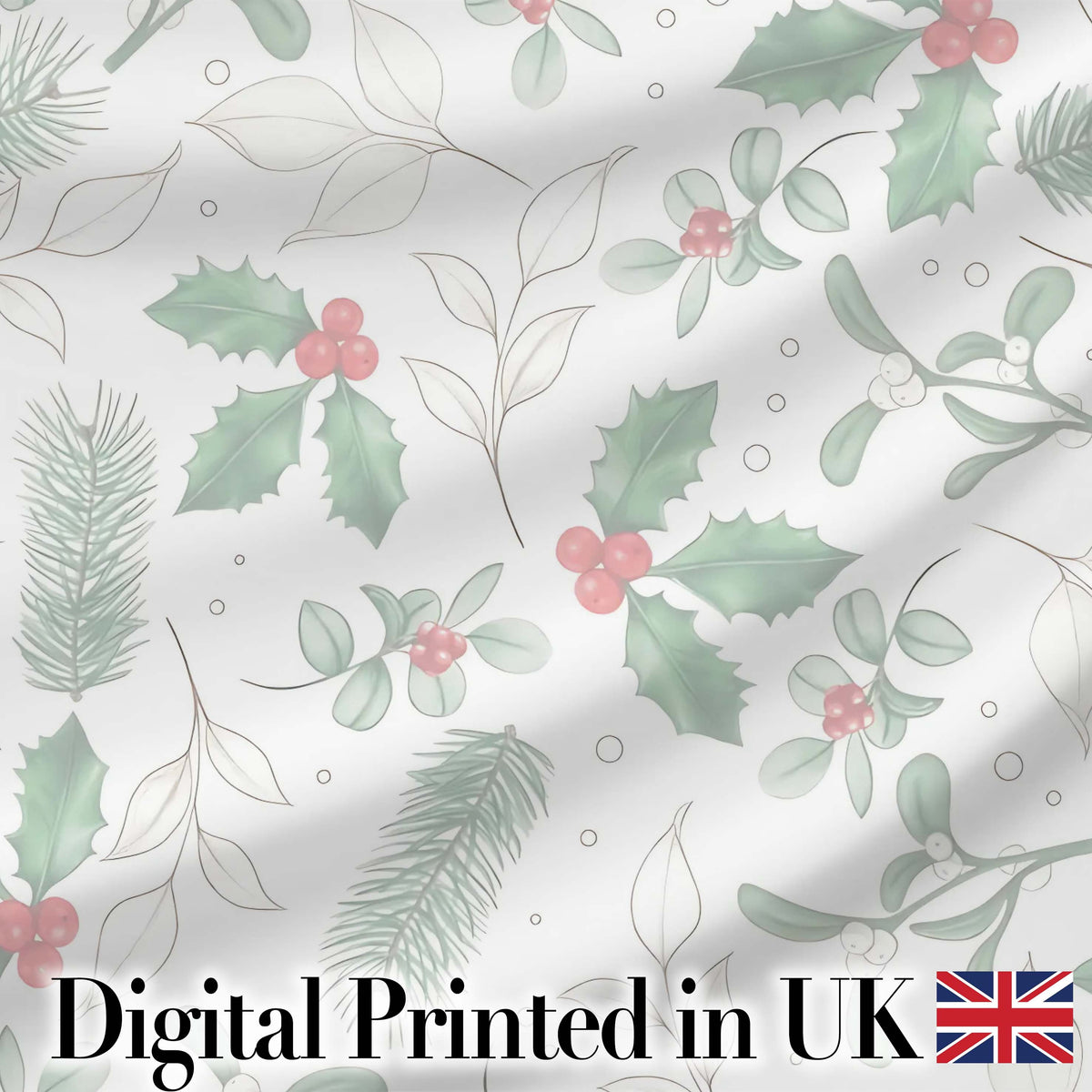 Soft Winter Holly Leaves Berry Minimal Seamless Pattern Digital Print Fabric by the Metre UK Sewing Quilting Textile