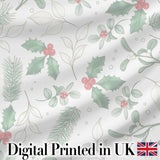 Soft Winter Holly Leaves Berry Minimal Seamless Pattern Digital Print Fabric by the Metre UK Sewing Quilting Textile