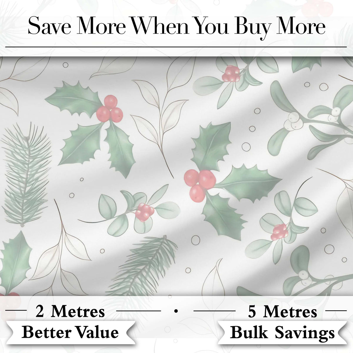 Soft Winter Holly Leaves Berry Minimal Seamless Pattern Digital Print Fabric by the Metre UK Sewing Quilting Textile