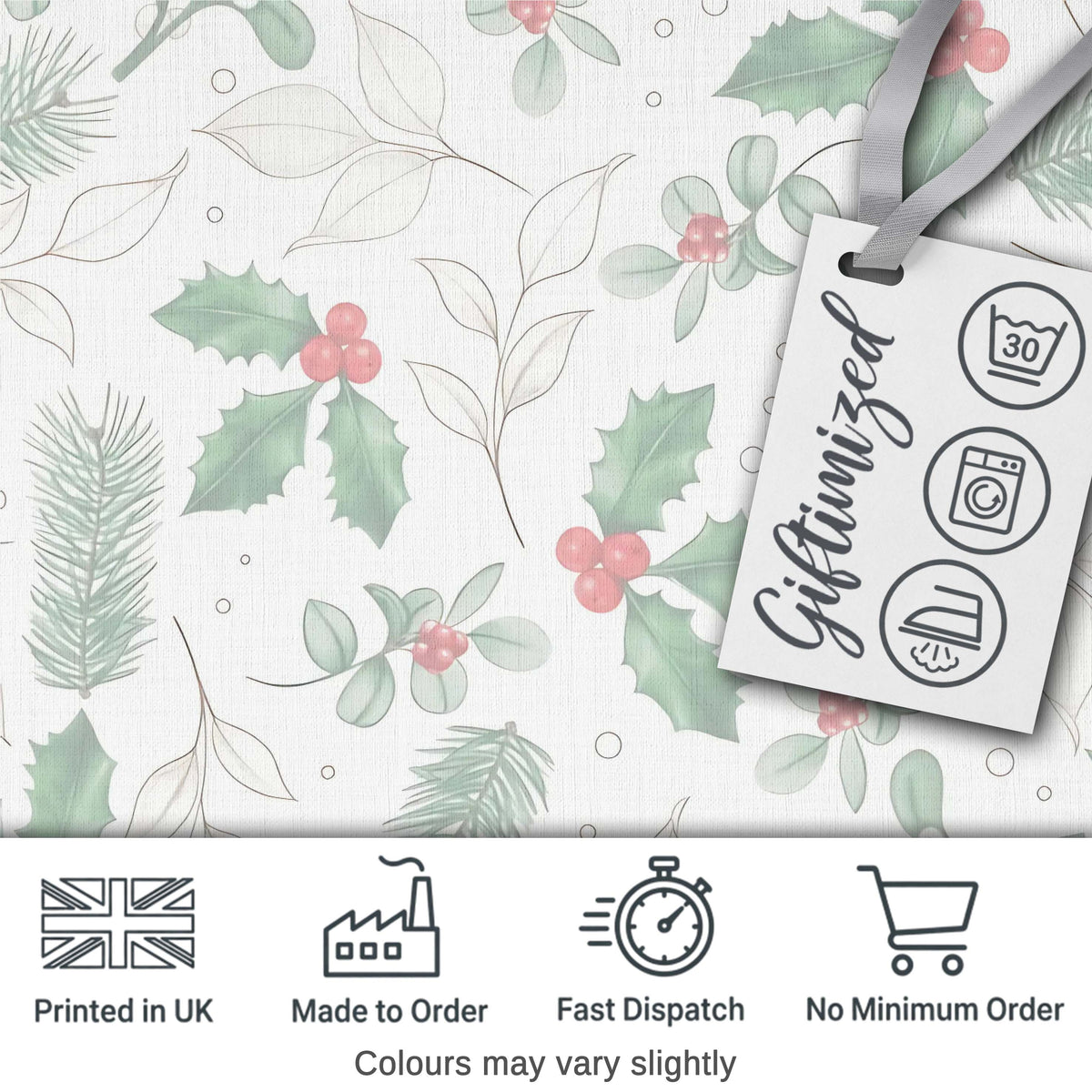 Soft Winter Holly Leaves Berry Minimal Seamless Pattern Digital Print Fabric by the Metre UK Sewing Quilting Textile