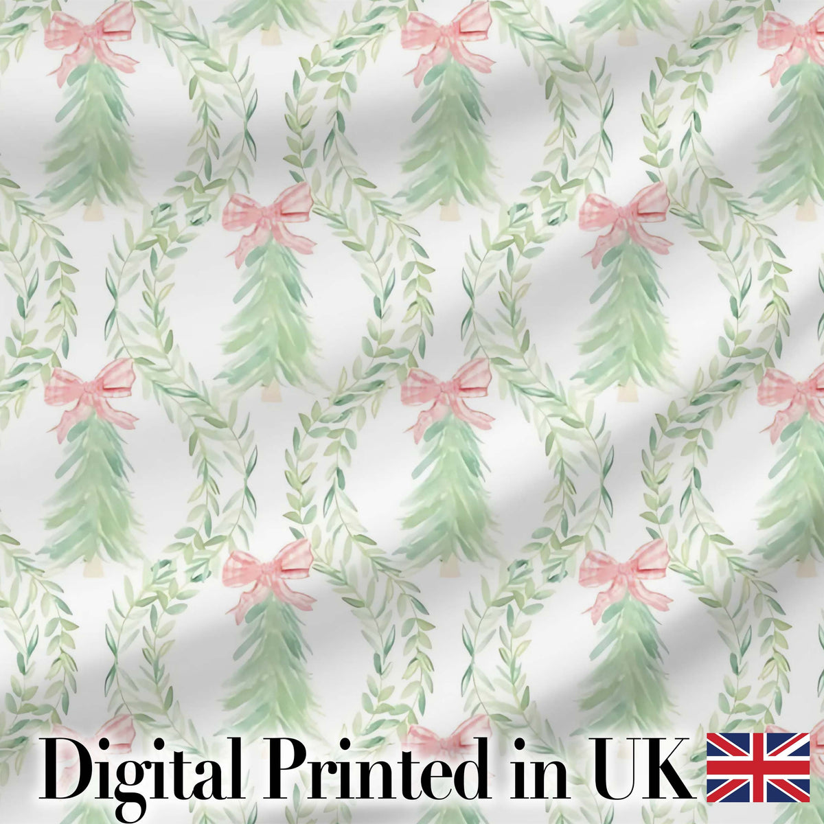 Pastel Green Wreath Ribbon Christmas Tree Seamless Pattern Digital Print Fabric by the Metre UK Sewing Quilting Textile