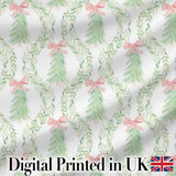 Pastel Green Wreath Ribbon Christmas Tree Seamless Pattern Digital Print Fabric by the Metre UK Sewing Quilting Textile