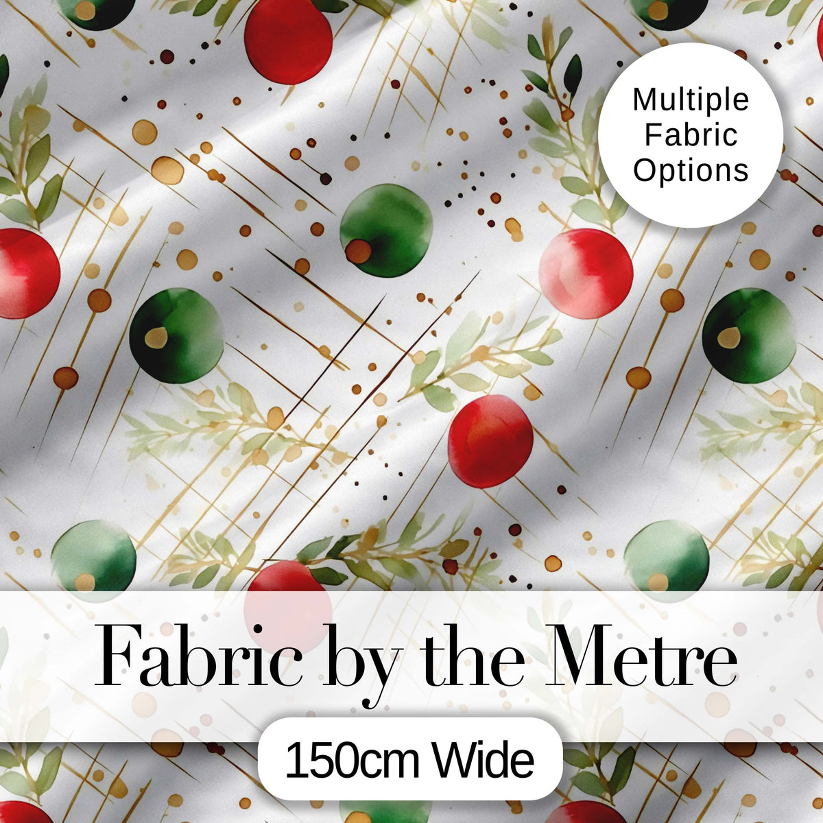 Modern Red Green Baubles Gold Splash Festive Seamless Pattern Digital Print Fabric by the Metre UK Sewing Quilting Textile