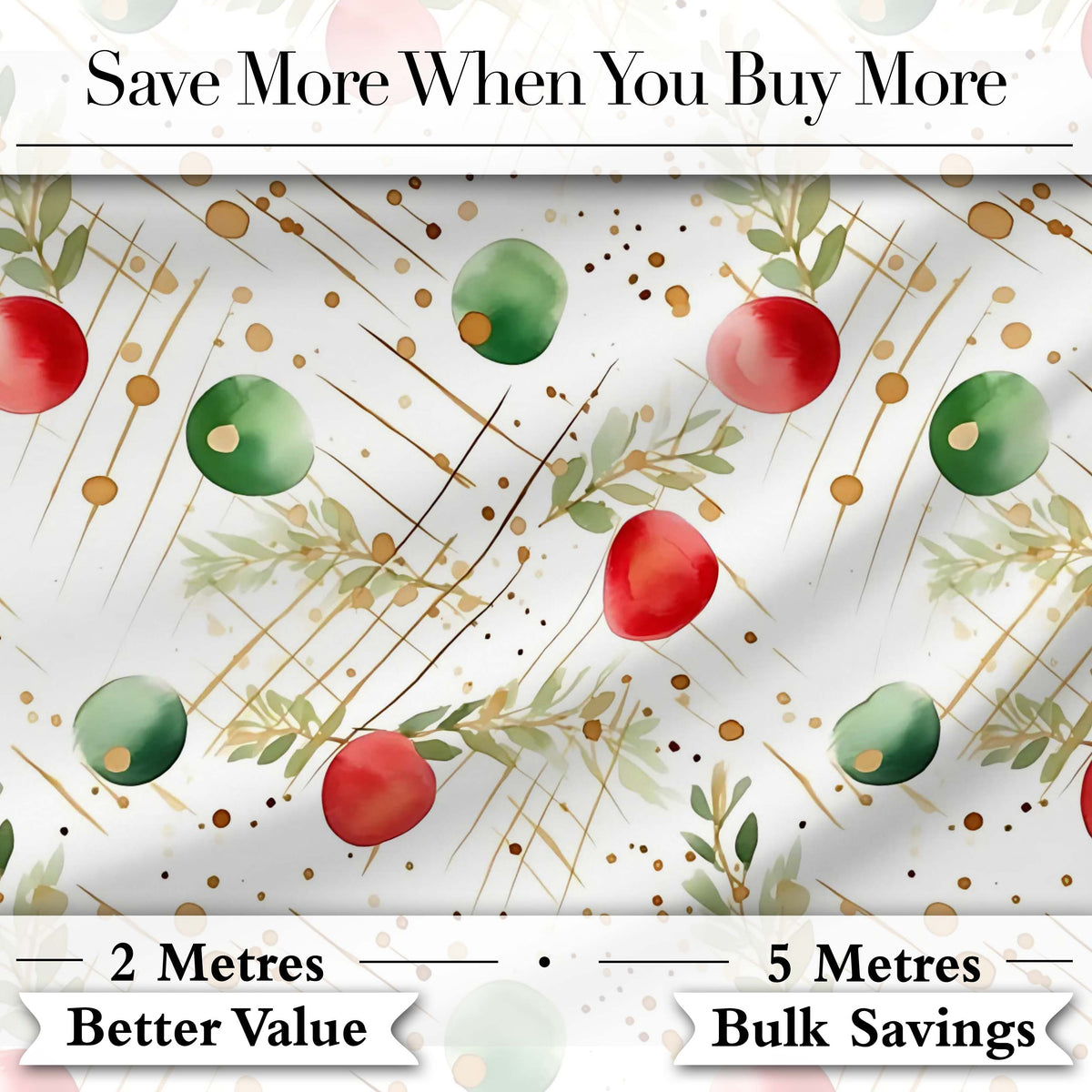 Modern Red Green Baubles Gold Splash Festive Seamless Pattern Digital Print Fabric by the Metre UK Sewing Quilting Textile