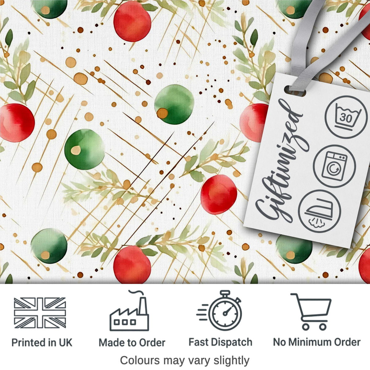 Modern Red Green Baubles Gold Splash Festive Seamless Pattern Digital Print Fabric by the Metre UK Sewing Quilting Textile