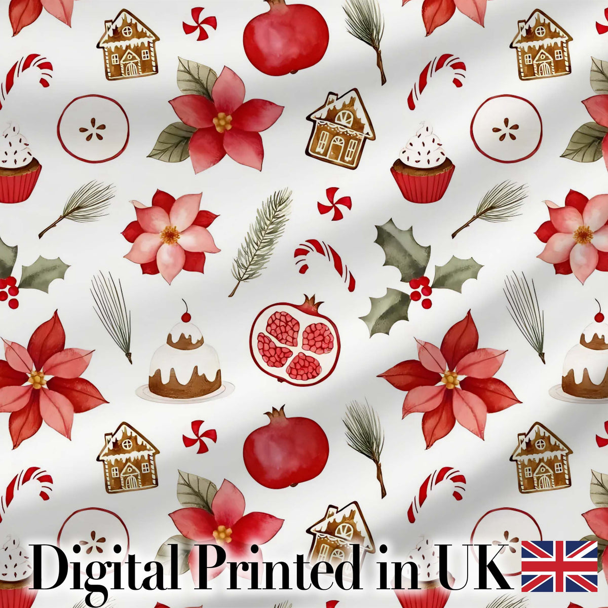 Poinsettia Flower Pomegranate Holiday Treats Seamless Pattern Digital Print Fabric by the Metre UK Sewing Quilting Textile