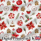 Poinsettia Flower Pomegranate Holiday Treats Seamless Pattern Digital Print Fabric by the Metre UK Sewing Quilting Textile