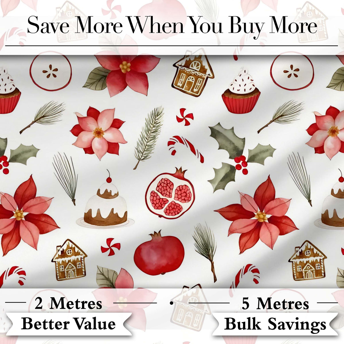 Poinsettia Flower Pomegranate Holiday Treats Seamless Pattern Digital Print Fabric by the Metre UK Sewing Quilting Textile