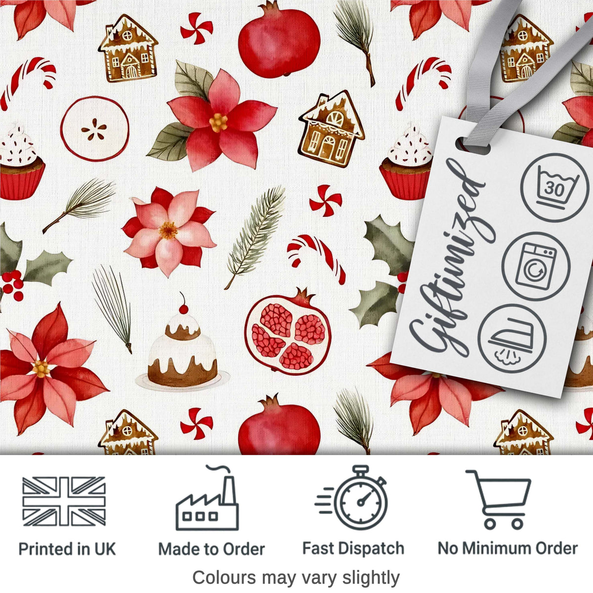 Poinsettia Flower Pomegranate Holiday Treats Seamless Pattern Digital Print Fabric by the Metre UK Sewing Quilting Textile