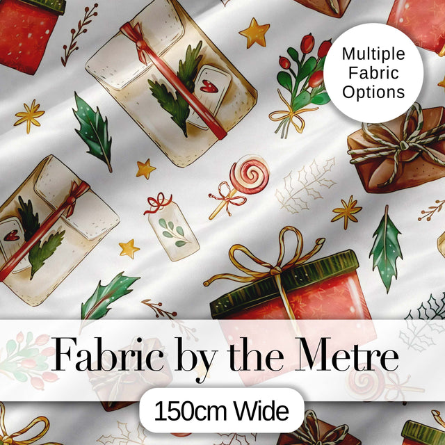 Festive Gift Boxes Candy Stars Christmas Holiday Seamless Pattern Digital Print Fabric by the Metre UK Sewing Quilting Textile