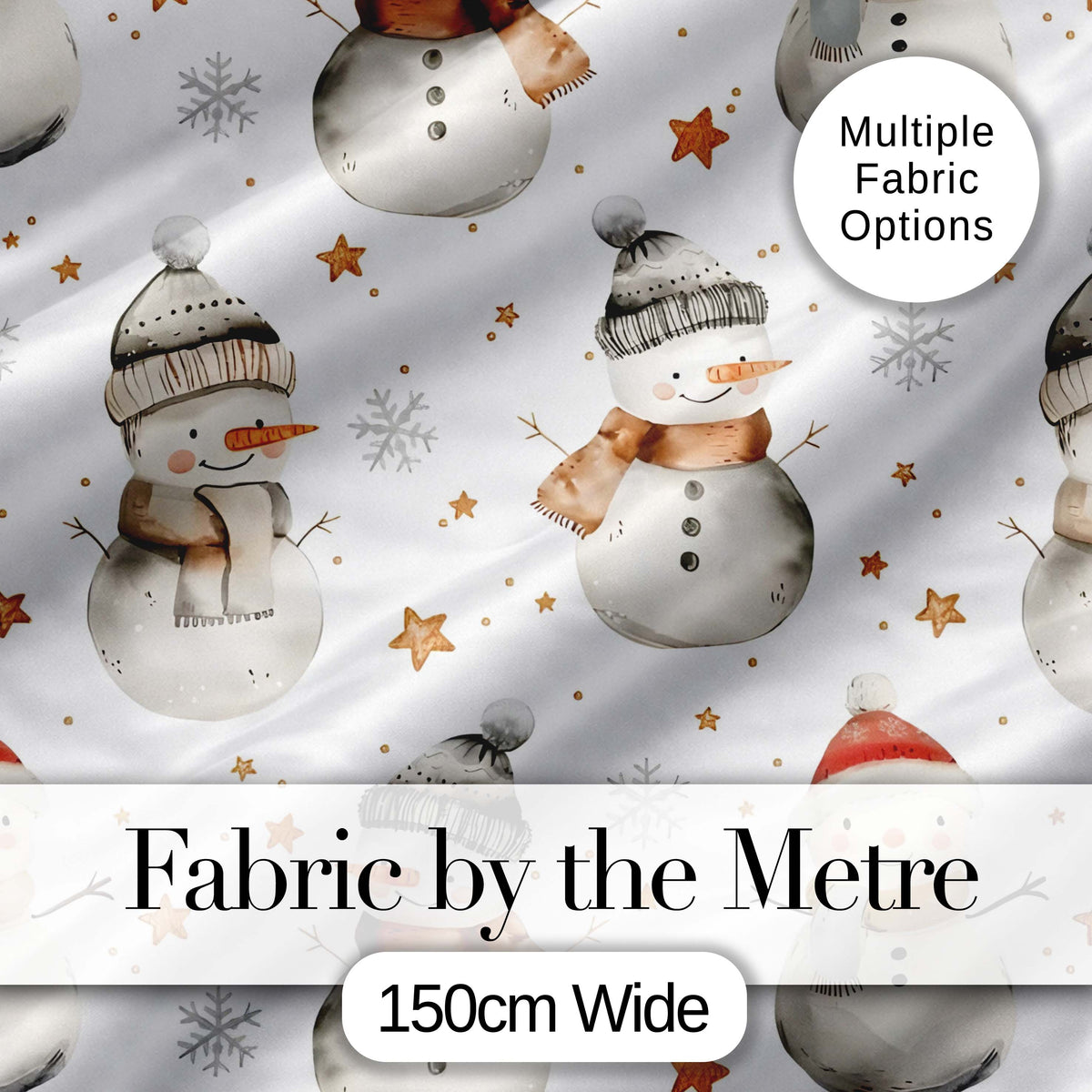Cute Winter Snowman with Scarf Hat Stars Seamless Pattern Digital Print Fabric by the Metre UK Sewing Quilting Textile
