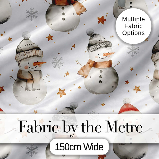 Cute Winter Snowman with Scarf Hat Stars Seamless Pattern Digital Print Fabric by the Metre UK Sewing Quilting Textile