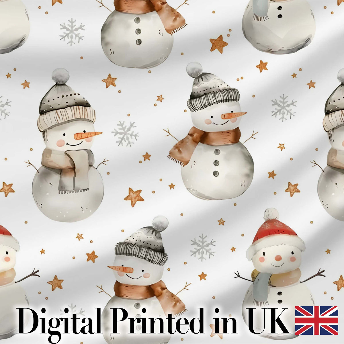 Cute Winter Snowman with Scarf Hat Stars Seamless Pattern Digital Print Fabric by the Metre UK Sewing Quilting Textile