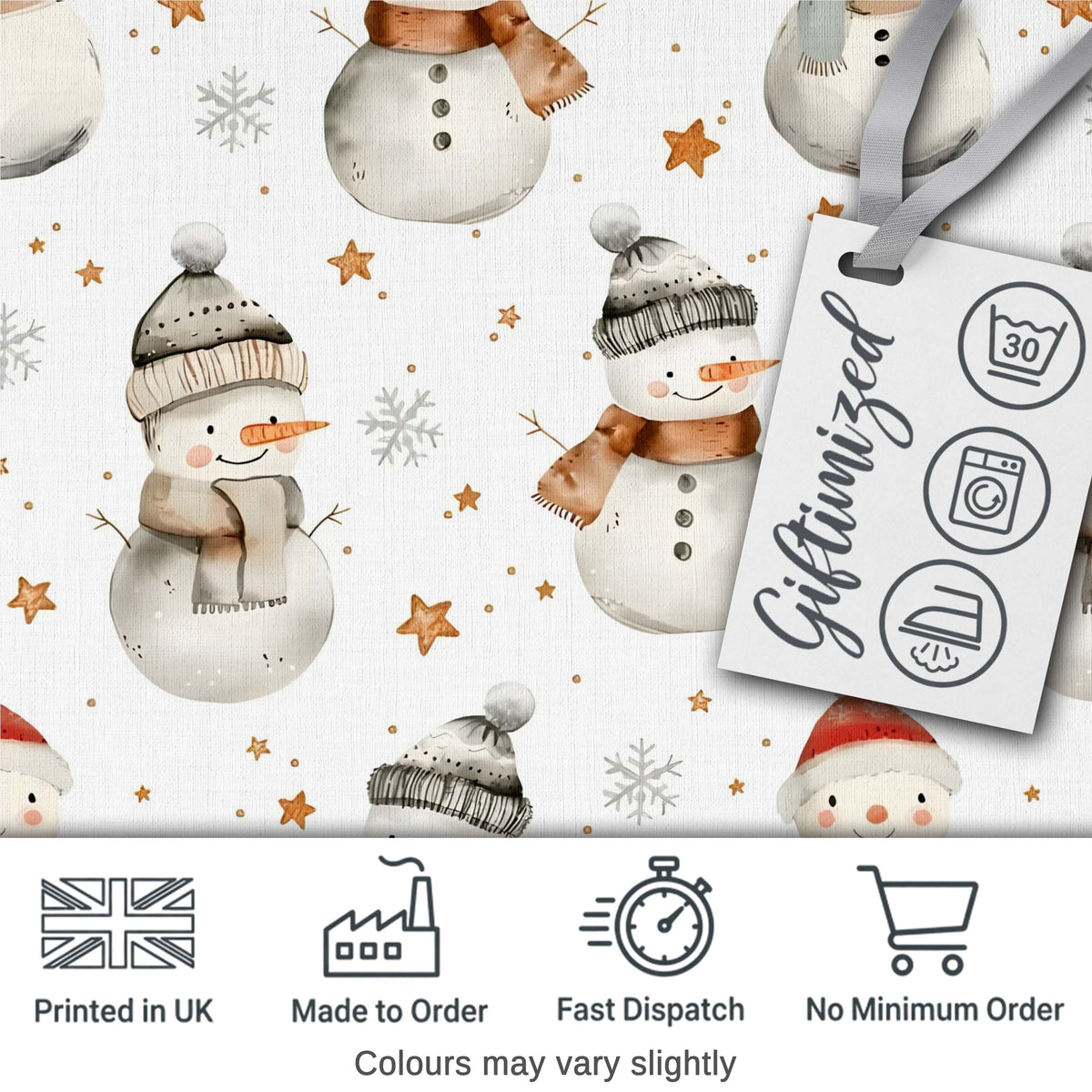 Cute Winter Snowman with Scarf Hat Stars Seamless Pattern Digital Print Fabric by the Metre UK Sewing Quilting Textile