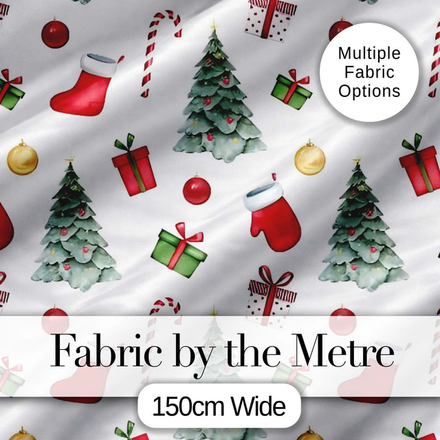 Christmas Tree Gifts Candy Cane Stockings Seamless Pattern Digital Print Fabric by the Metre UK Sewing Quilting Textile