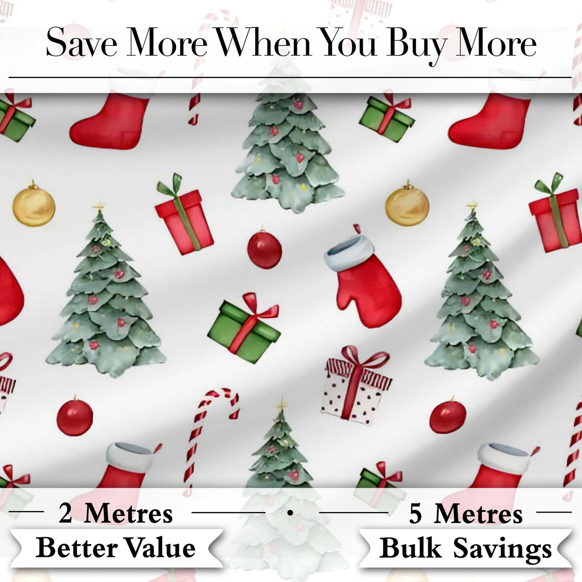 Christmas Tree Gifts Candy Cane Stockings Seamless Pattern Digital Print Fabric by the Metre UK Sewing Quilting Textile