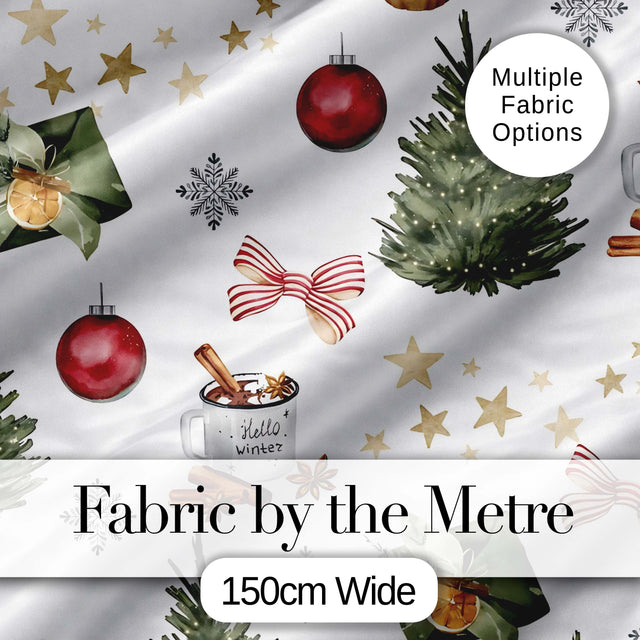 Festive Winter Tree Baubles Ribbon Cocoa Mug Seamless Pattern Digital Print Fabric by the Metre UK Sewing Quilting Textile