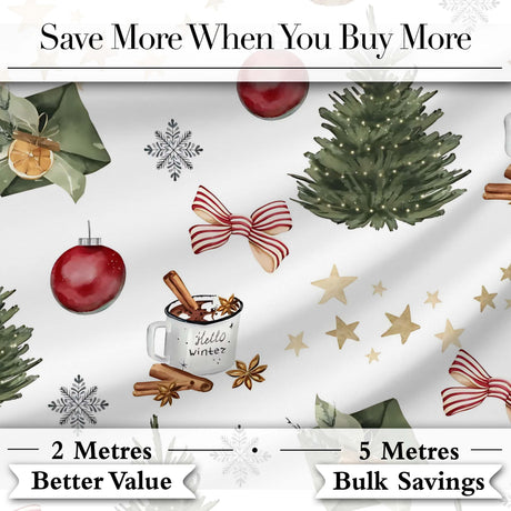 Festive Winter Tree Baubles Ribbon Cocoa Mug Seamless Pattern Digital Print Fabric by the Metre UK Sewing Quilting Textile
