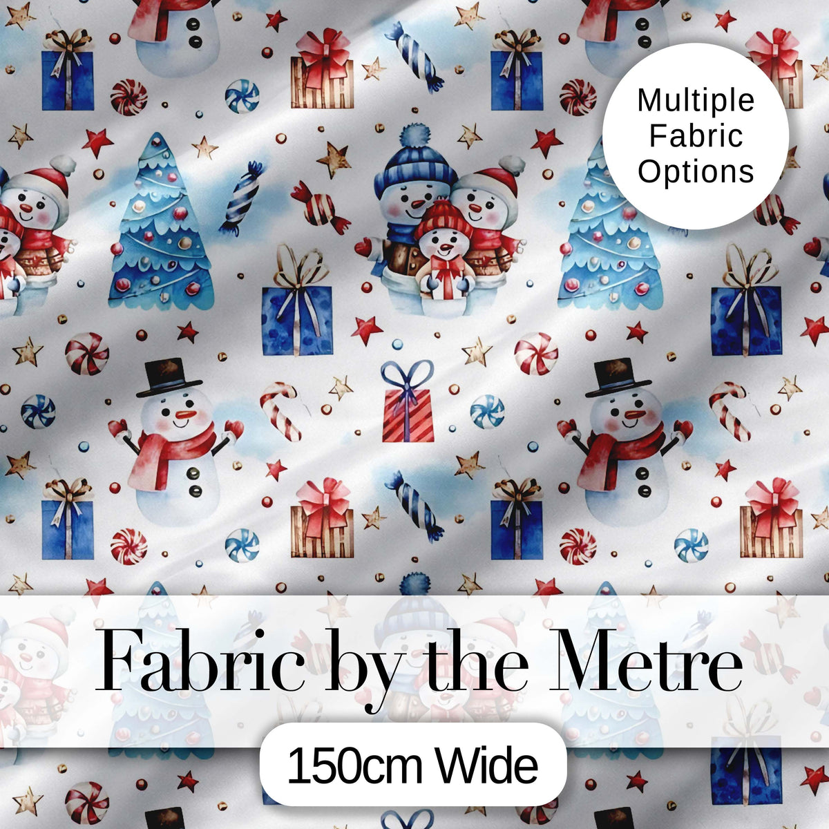Cute Snowman Family Gifts Candy Christmas Seamless Pattern Digital Print Fabric by the Metre UK Sewing Quilting Textile