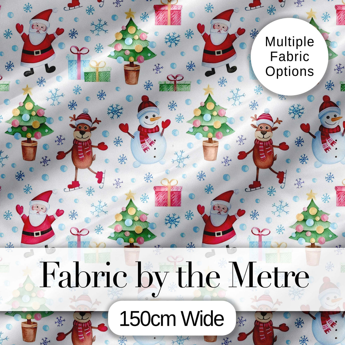 Santa Reindeer Snowman Christmas Tree Gifts Seamless Pattern Digital Print Fabric by the Metre UK Sewing Quilting Textile