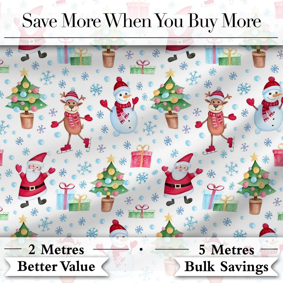 Santa Reindeer Snowman Christmas Tree Gifts Seamless Pattern Digital Print Fabric by the Metre UK Sewing Quilting Textile