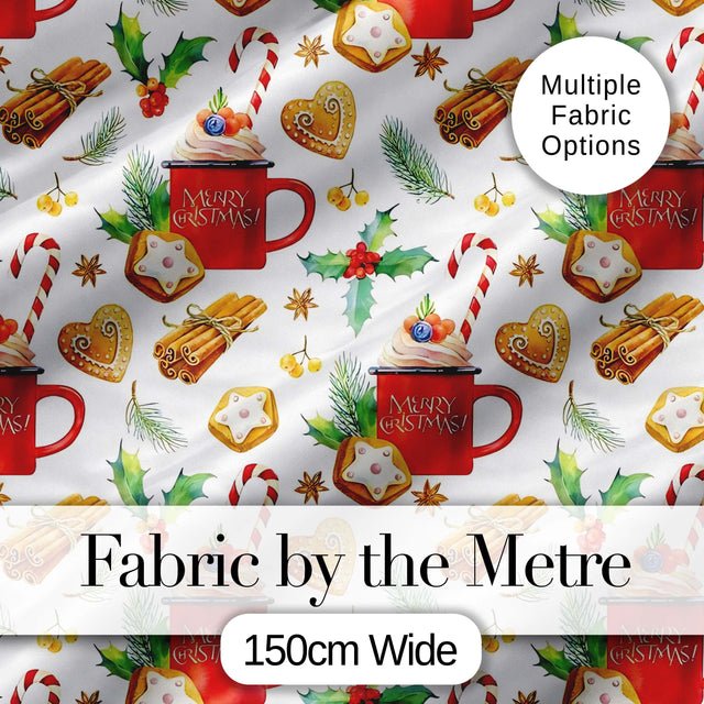Christmas Mug Cookies Candy Cane Cinnamon Seamless Pattern Digital Print Fabric by the Metre UK Sewing Quilting Textile