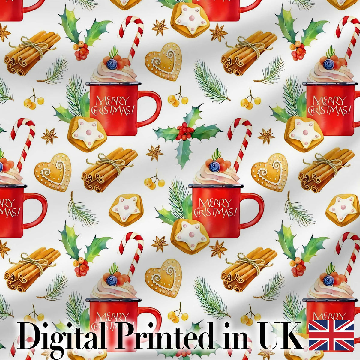 Christmas Mug Cookies Candy Cane Cinnamon Seamless Pattern Digital Print Fabric by the Metre UK Sewing Quilting Textile