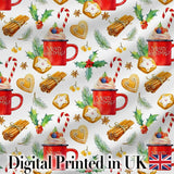 Christmas Mug Cookies Candy Cane Cinnamon Seamless Pattern Digital Print Fabric by the Metre UK Sewing Quilting Textile