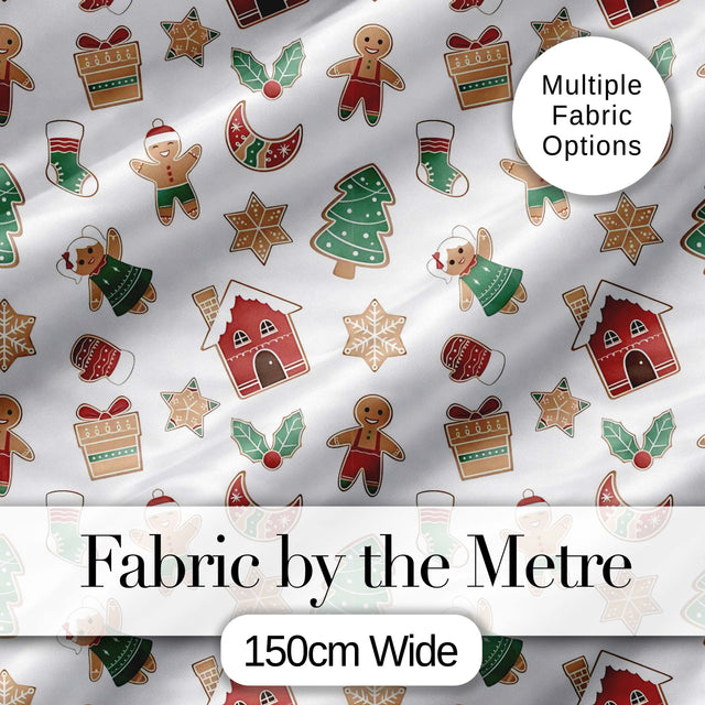 Cute Gingerbread Cookies Stars Tree House Seamless Pattern Digital Print Fabric by the Metre UK Sewing Quilting Textile