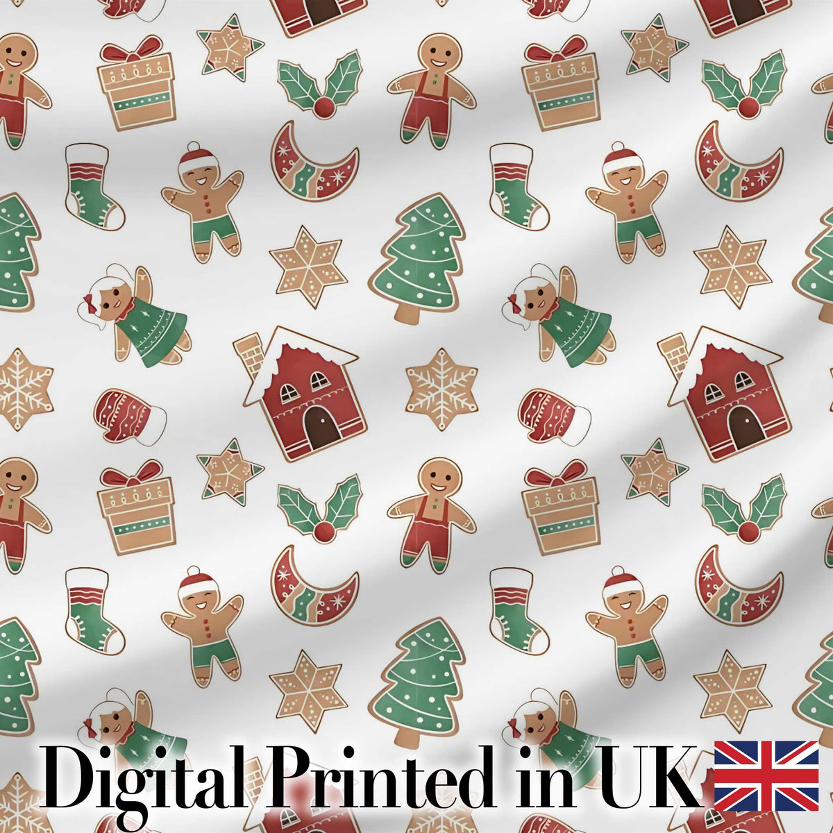 Cute Gingerbread Cookies Stars Tree House Seamless Pattern Digital Print Fabric by the Metre UK Sewing Quilting Textile