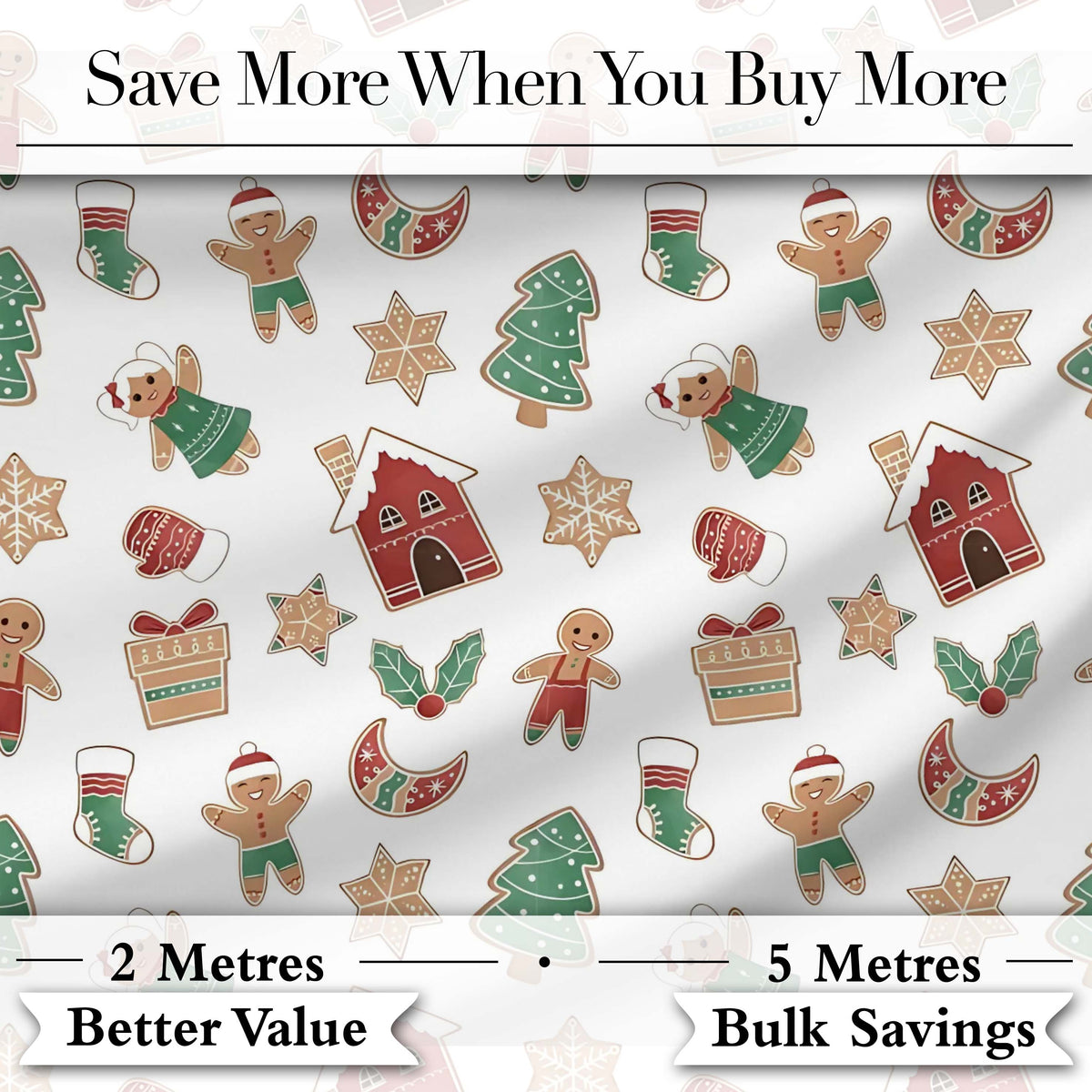 Cute Gingerbread Cookies Stars Tree House Seamless Pattern Digital Print Fabric by the Metre UK Sewing Quilting Textile